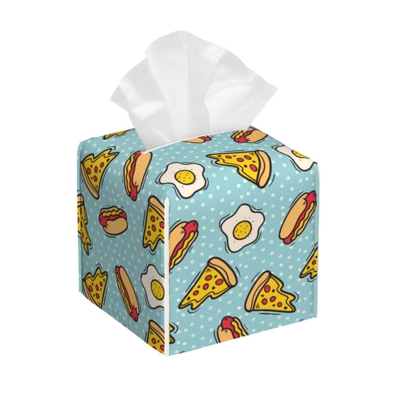 Xecao Hot Dog Pizza for Tissue Box Cover Holder Square - Leather Decorative Organizer for Tabletop, Bathroom, Car, Office