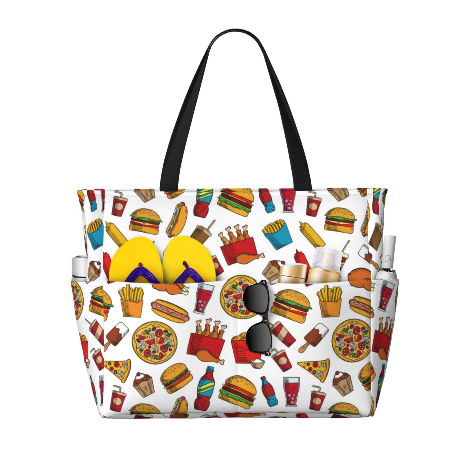 Xecao Hot Dog Pizza for versatile beach bag for women includes zipper pockets and waterproof material, ideal for vacations and adventures.