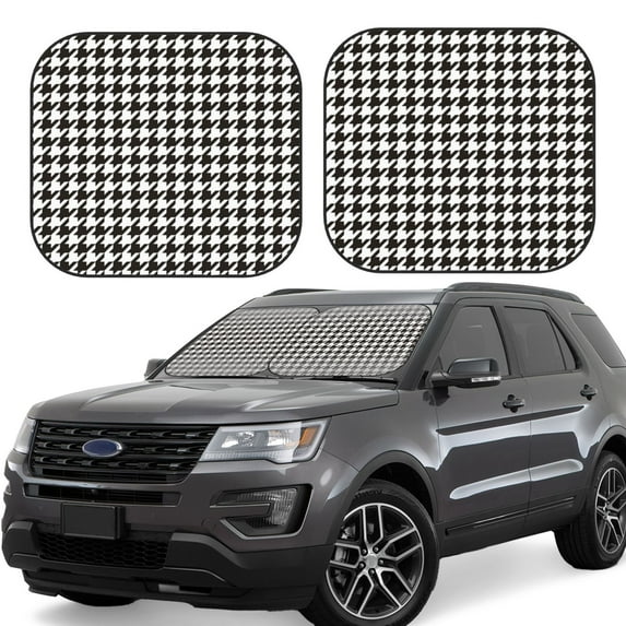 Xecao Houndstooth Black And White for Foldable Car Sun Shades (2-Pack) offer sun protection with an easy-fold design for convenient windshield shading.