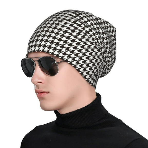 Xecao Houndstooth Black And White Print Beanie Knitted Hat for Men Women, Winter Fashion Knit Cuffed Caps Unisex