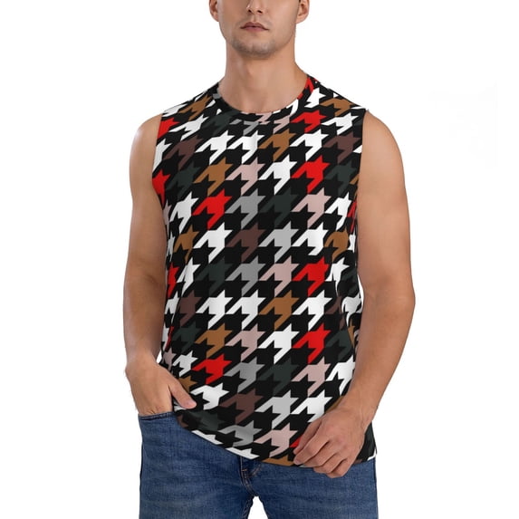 Xecao Houndstooth Green Red Print Men's Tank Top: Sleek Sleeveless Tee for Casual Sports and Beach Occasions-XX-Large
