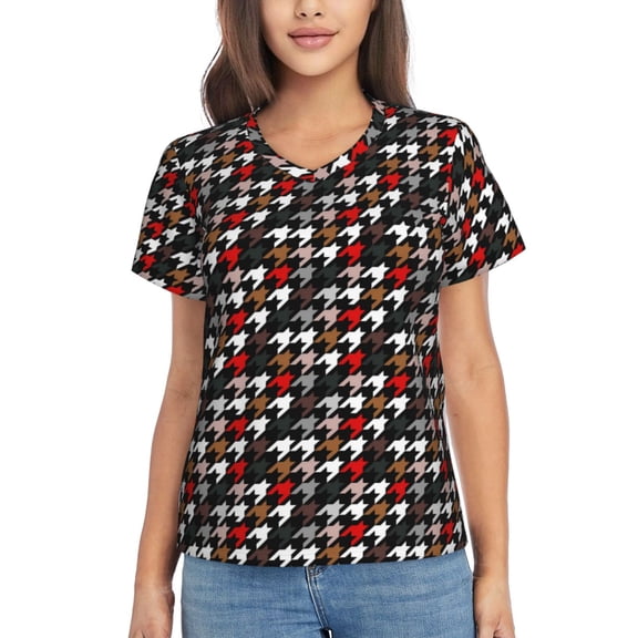 Xecao Houndstooth Green Red for Women's V-Neck T-Shirts-Elegant Half-Sleeve Tops Perfect for Summer-Small