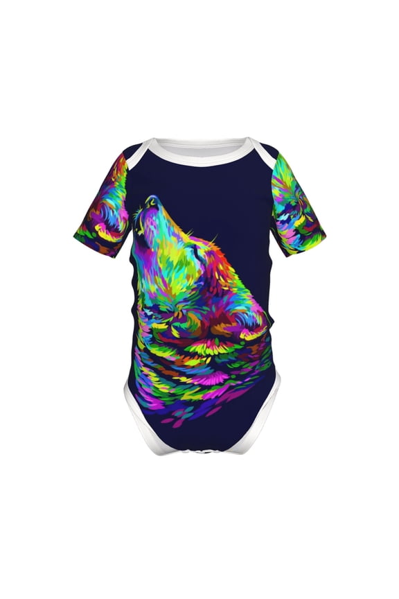 Howling Wolf Pattern Baby Climbing Bodysuit Short Sleeve Onesie Unisex 0-12 Months Baby Shirt Newborn Outfits Crotch snap design-9M