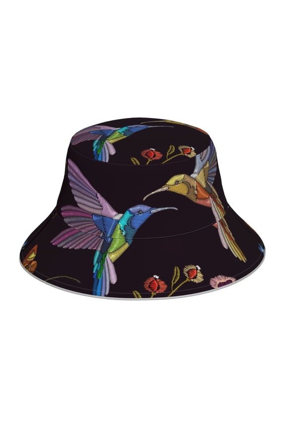 Humming Bird And Tropical Flowers Embroidery Print Men and Women Night Reflective Hat Runner Cap Visor Bucket Hat Boonie Cap