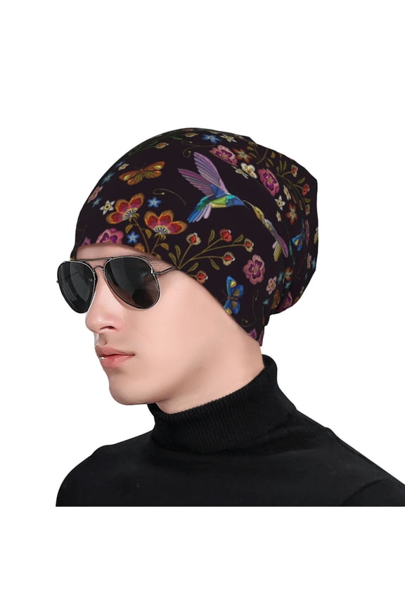 Humming Bird And Tropical Flowers Print Beanie Knitted Hat for Men Women, Winter Fashion Knit Cuffed Caps Unisex