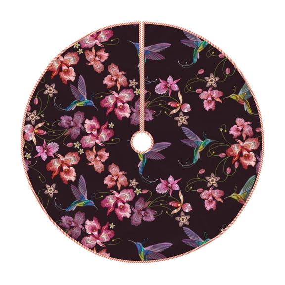Xecao Humming Bird And Tropical Pattern Christmas Tree Skirt Round Xmas Tree Mat Base Cover for Holiday Home Decorations-30"