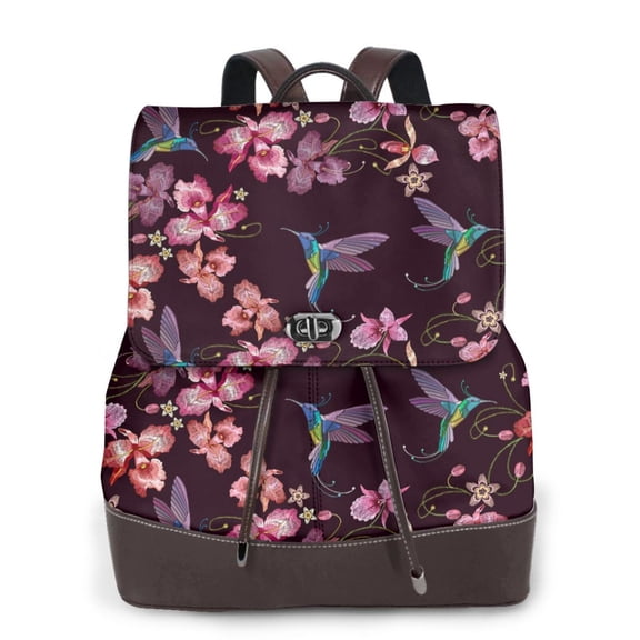 Xecao Humming Bird And Tropical Print Large Backpack Soft Leather for Women Travel with Compartment, Adjustable Convertible Strap