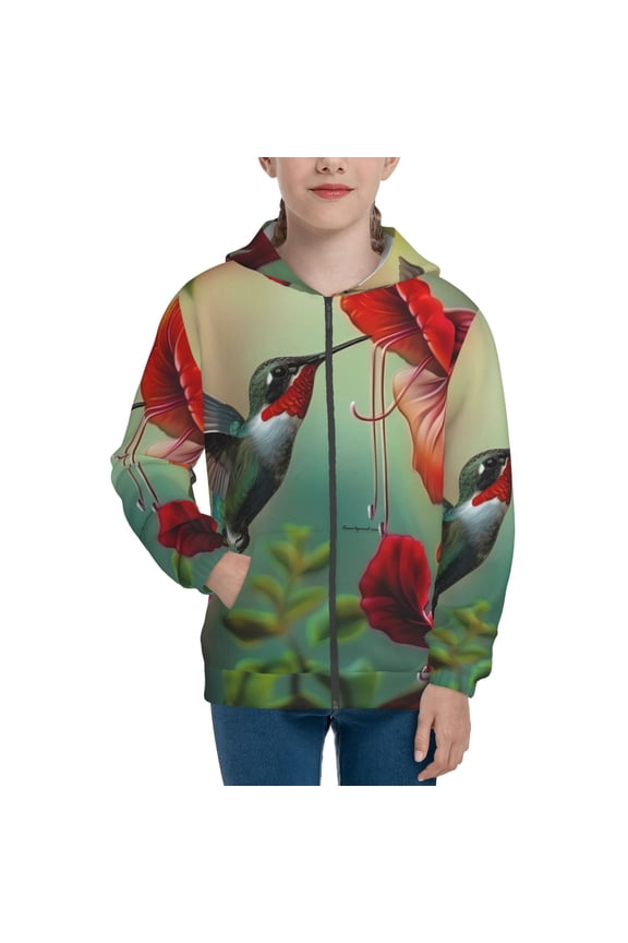 Hummingbird Floral Paradise Pattern Zip Up Hoodies for Boys Girls, Sweatshirt with Pockets-