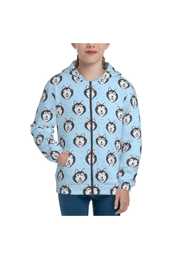 Husky Head Pattern Zip Up Hoodies for Boys Girls, Sweatshirt with Pockets-Small