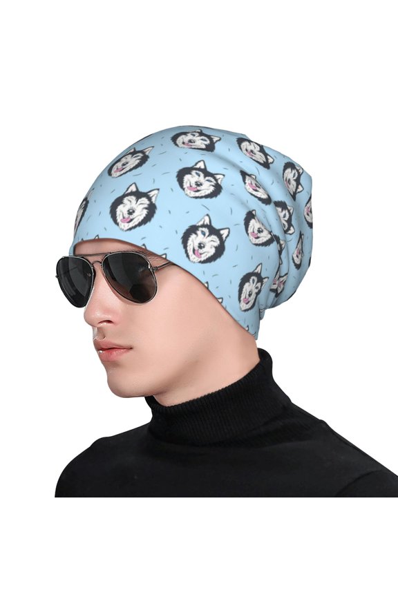Husky Head Print Beanie Knitted Hat for Men Women, Winter Fashion Knit Cuffed Caps Unisex