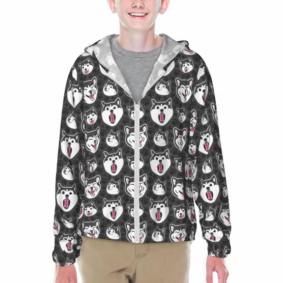 Xecao Husky Print Fishing Shirts for teenager Long Sleeve UV Sun Protection Hoodie with Zipper Outdoor Hiking Shirts-