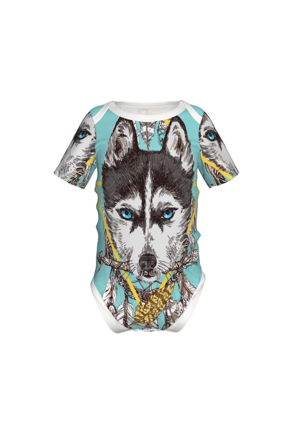 Husky With Dreamcatcher Pattern Baby Climbing Bodysuit Short Sleeve Onesie Unisex 0-12 Months Baby Shirt Newborn Outfits Crotch snap design-18 Months