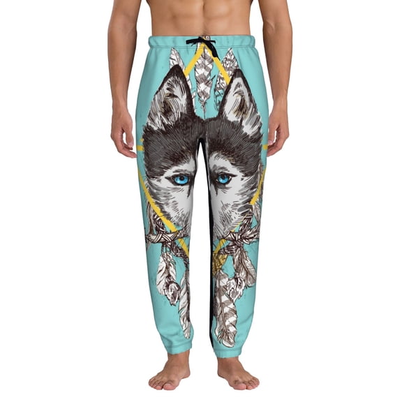 Xecao Husky With Dreamcatcher Print Active Tech Joggers for Men, Mens Sweatpants Lounge Pants with Pockets-X-Large