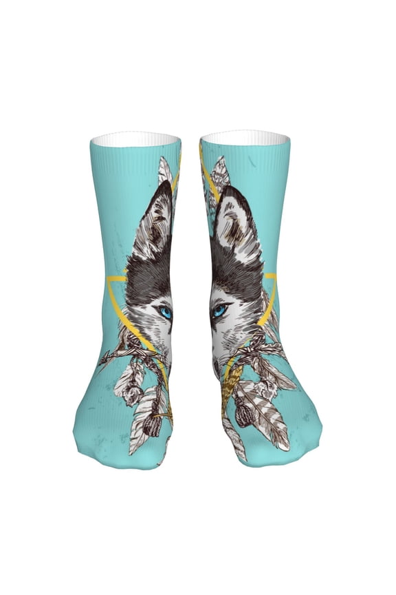 Husky With Dreamcatcher Print Fashion No Heel Casual Crew Socks Cushioned Breathable for Men Women - Moisture wicking,Not easy to fade Suitable for daily