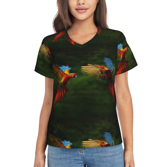 Xecao Hybrid Parrot in the Forest for Women's V-Neck T-Shirts-Elegant Half-Sleeve Tops Perfect for Summer-Large