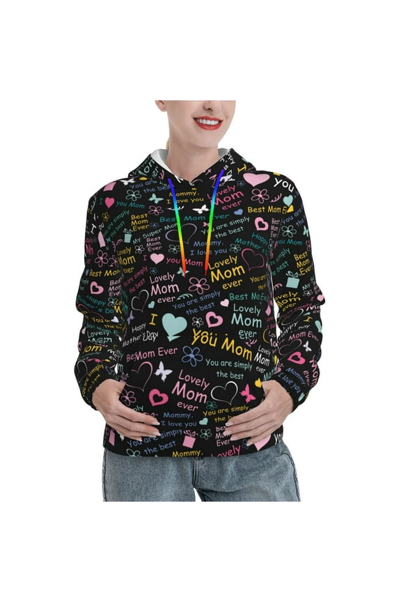I love you Mom Pattern Hoodies for Women Sweatshirts Long Sleeve Sweatshirts Pullover Outfits with Pocket-Medium