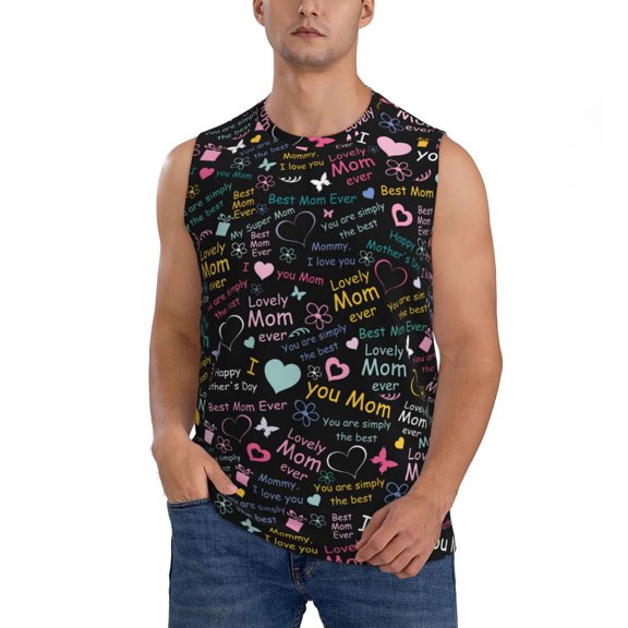 Xecao I love you Mom Print Men's Tank Top: Sleek Sleeveless Tee for Casual Sports and Beach Occasions-Small