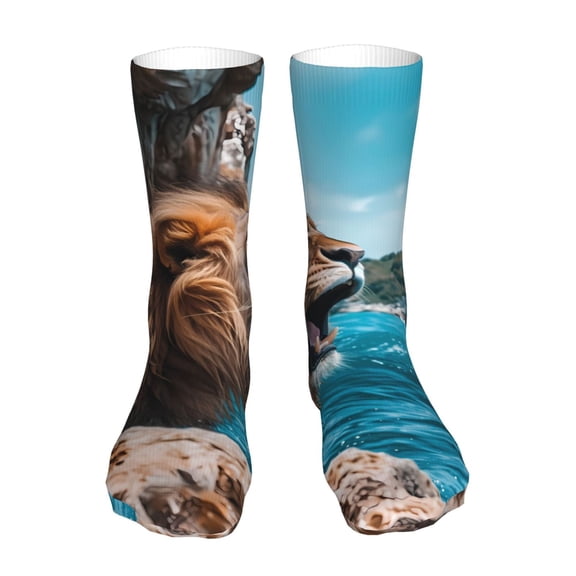 Xecao Ice Blue Coastal Lion Print Fashion No Heel Casual Crew Socks Cushioned Breathable for Men Women - Moisture wicking,Not easy to fade Suitable for daily