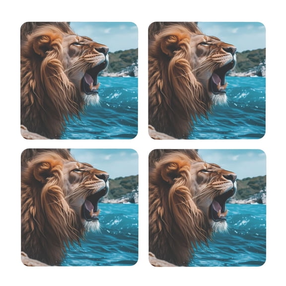 Xecao Ice Blue Coastal Lion for MDF Cork Coaster 4 Pcs,Drink Coasters,Suit for House Warming Gifts New Home ,Coffee Table Decor-Square