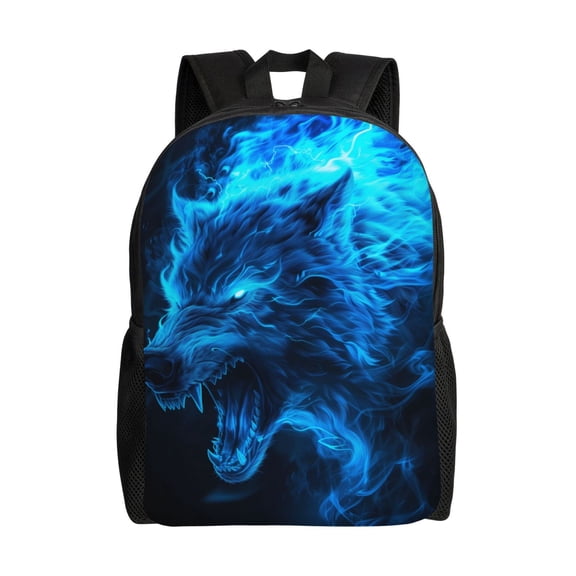Xecao Ice Blue Fire Wolf Print School Backpack with Laptop Compartment Small Travel Laptop Backpack for Women Men Waterproof College Backpack Simple School Bag