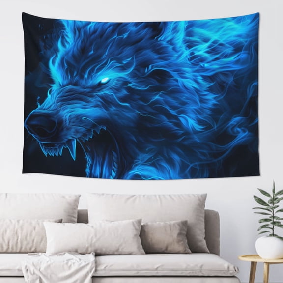 Xecao Ice Blue Fire Wolf Print Tapestry, Wall Hanging Room Funny Decor, Backdrop Room Decor for Bedroom Living Room dormitory