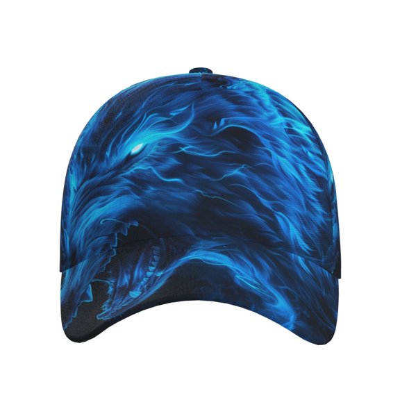 Xecao Ice Blue Fire Wolf for Baseball Cap: Unisex, crafted from classic polyester twill fabric, featuring a soft unconstructed design