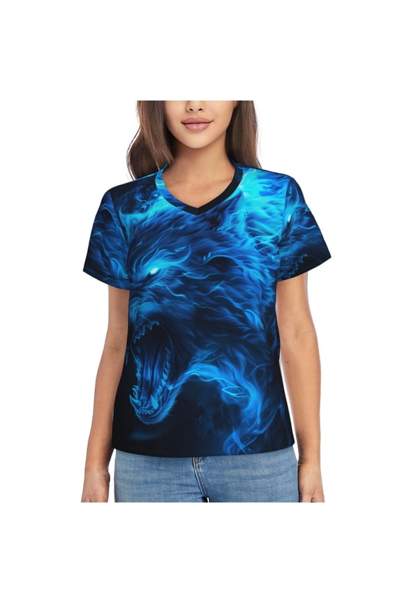 Ice Blue Fire Wolf for Women's V-Neck T-Shirts-Elegant Half-Sleeve Tops Perfect for Summer-XX-Large