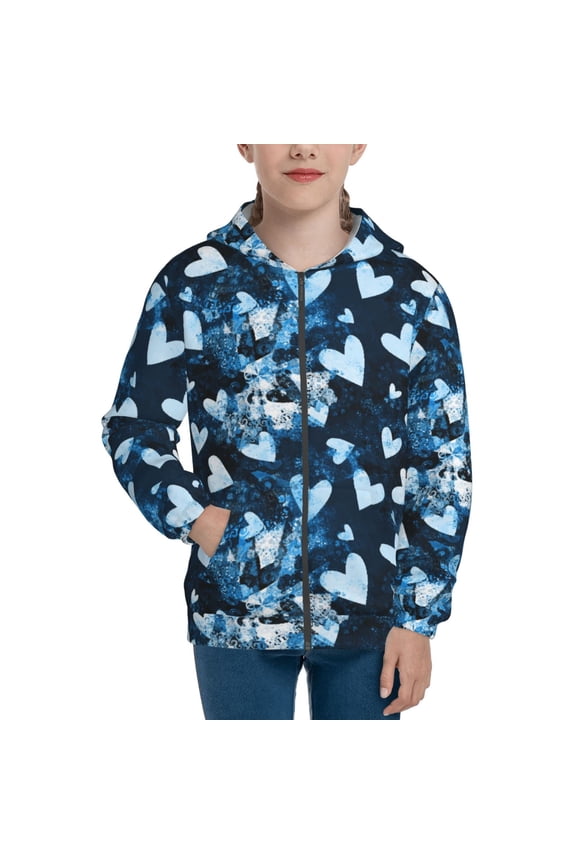 Ice Blue Heart Pattern Zip Up Hoodies for Boys Girls, Sweatshirt with Pockets-Small