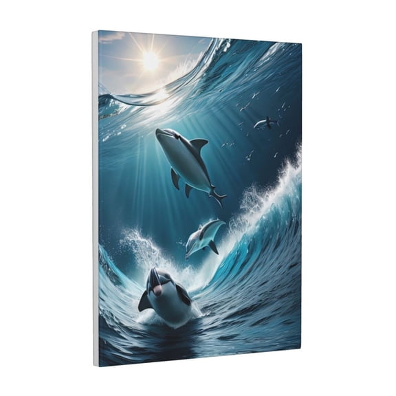 Xecao Ice Blue Ocean Cute Dolphin A for Ready-to-Hang Canvas Art 12x16 Inches - Waterproof HD Print Solid Wood Frame for Gifting,Vertical