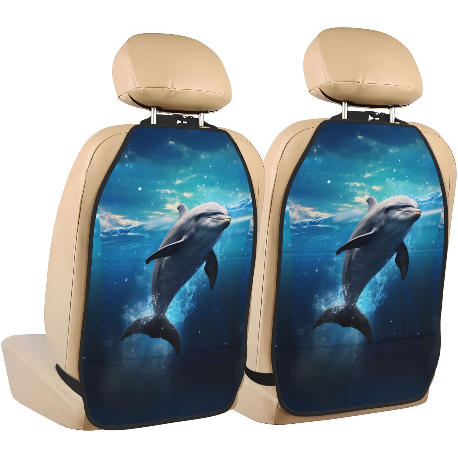 Xecao Ice Blue Ocean Cute Dolphin Pattern Car Seat Back Protector 2 Pack Large Capacity Pocket, Kick Mats Back Seat Protector