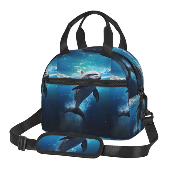 Xecao Ice Blue Ocean Cute Dolphin Print Insulated Lunch Box, Lunch Cags Lunch Bag Featuring An Adjustable Shoulder Strap