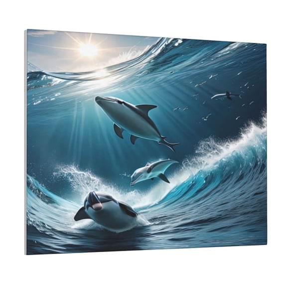 Xecao Ice Blue Ocean Cute Dolphin A for Waterproof Framed Canvas Art - Modern Home Decor with Real Wood Frame for Gifting and Interior Design,Horizontal