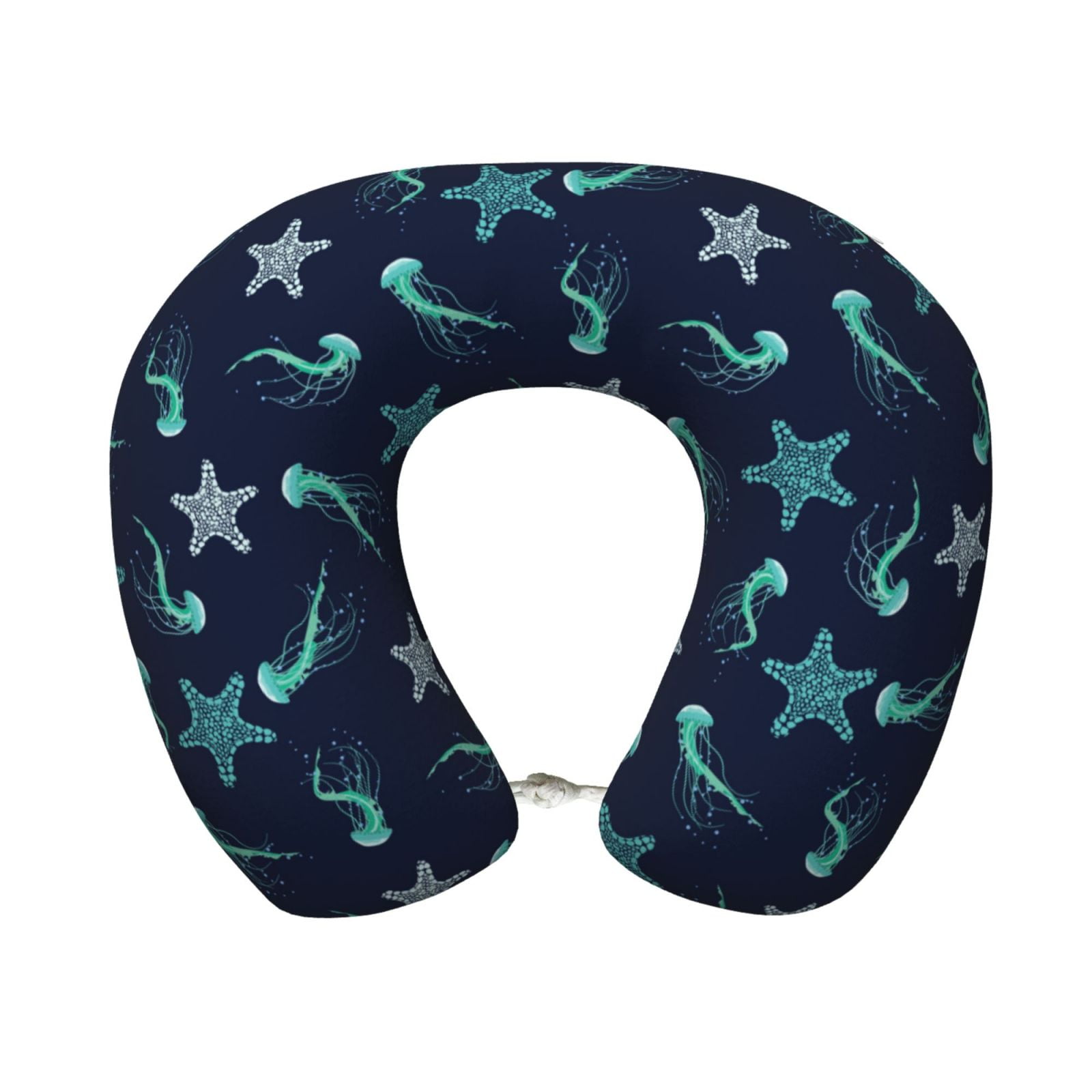 Xecao Ice Blue Starfish and Jellyfish Print Memory Foam Cervical Neck Pillow Versatile U-Shaped Pillows for Home,Office,Camping,Travelling,Soft Washable Cover