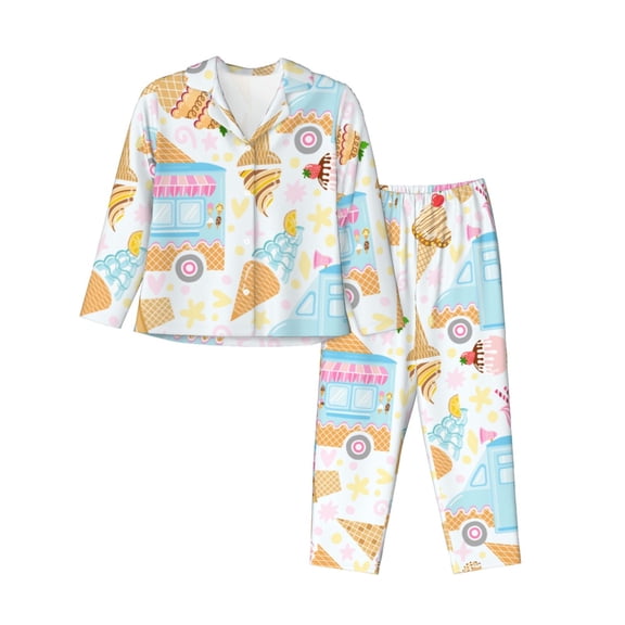 Xecao Icecream Truck Print Women Pajamas Set Soft Sleepwear Pjs long Sleeve Button Down Nightwear with Long Pants