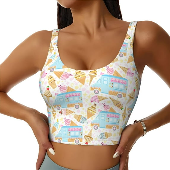Xecao Icecream Truck for Sports Bra with Removable Pads, Crop Tank Top Design, Women's Longline Sports Bra - Non-Wired -
