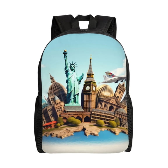 Xecao Iconic Global Landmarks Print School Backpack with Laptop Compartment Small Travel Laptop Backpack for Women Men Waterproof College Backpack Simple School Bag