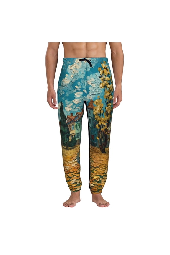 Impressionist Village Sky Print Active Tech Joggers for Men, Mens Sweatpants Lounge Pants with Pockets-X-Large