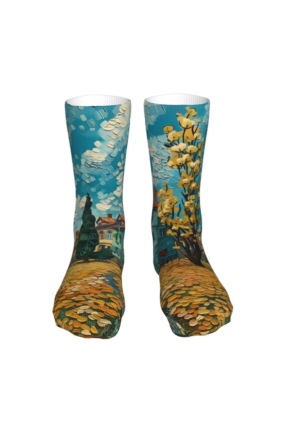 Impressionist Village Sky Print Fashion No Heel Casual Crew Socks Cushioned Breathable for Men Women - Moisture wicking,Not easy to fade Suitable for daily
