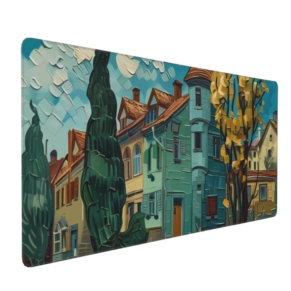 Xecao Impressionist Village Sky Print Large Mouse Pad, 16x35.5in Mousepad, Professional Non-Slip Rubber Base Big Mouse Pad, Mouse Pad for Gaming & Office Full Desk Mouse Pad