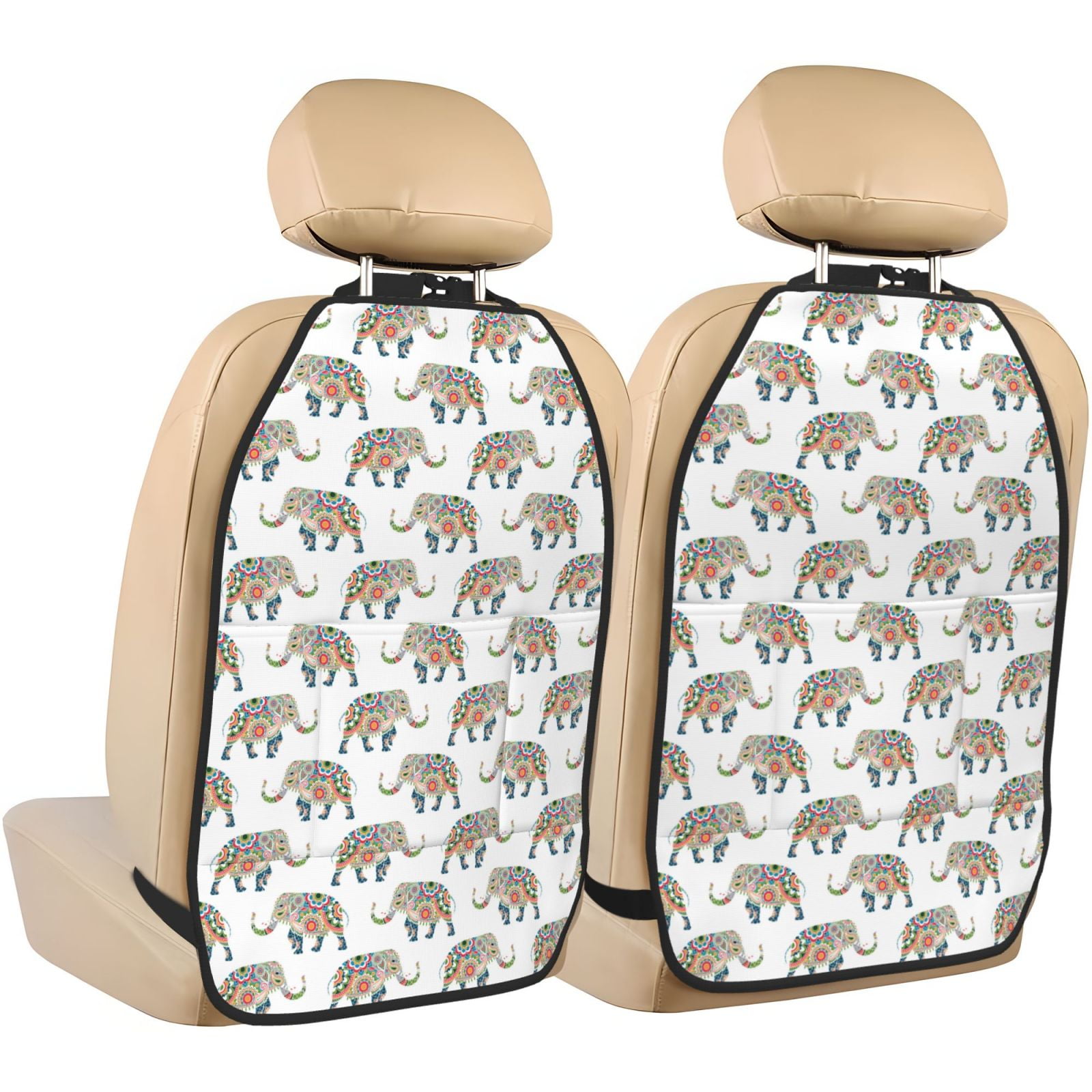 Xecao Indian Elephant Pattern Car Seat Back Protector 2 Pack Large Capacity Pocket, Kick Mats Back Seat Protector