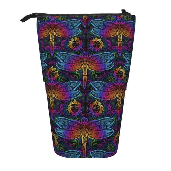 Xecao Indian Mandalas Dragonfly Print Telescopic Pencil Bag Pen Holder Pop Up Stationery Case Stand-up Retractable Transformer Bag Standing Organizer