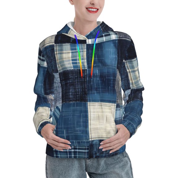 Xecao Indigo Patchwork Quilt Pattern Hoodies for Women Sweatshirts Long Sleeve Sweatshirts Pullover Outfits with Pocket-