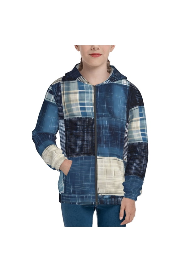 Indigo Patchwork Quilt Pattern Zip Up Hoodies for Boys Girls, Sweatshirt with Pockets-Small