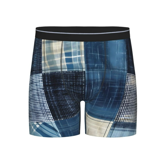 Xecao Indigo Patchwork Quilt Print Boxer Briefs for Men's Stretch Moisture-Wicking Underwear, Mid-Rise Classics breathable fabric