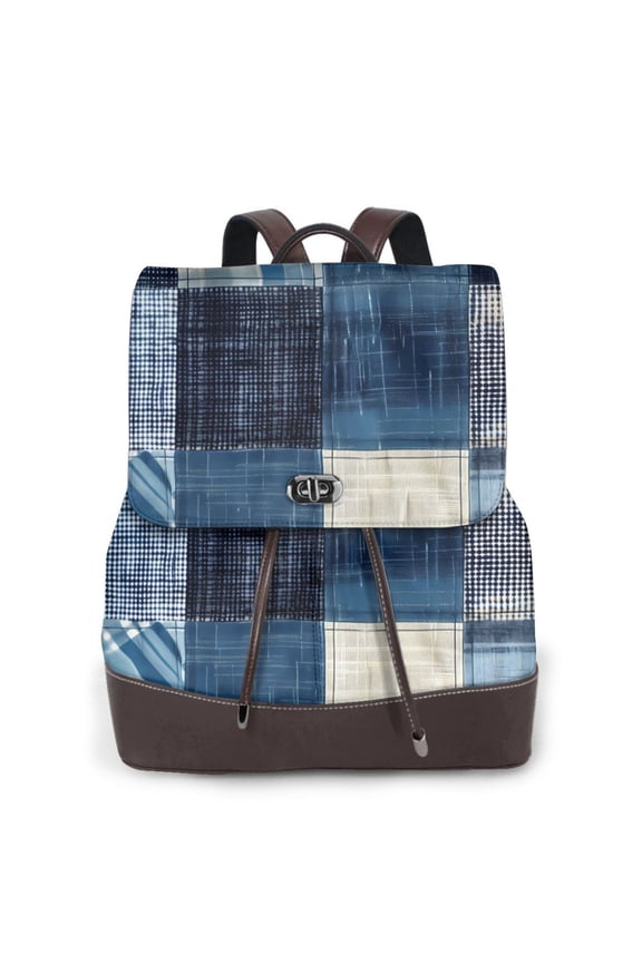 Indigo Patchwork Quilt Print Large Backpack Soft Leather for Women Travel with Compartment, Adjustable Convertible Strap