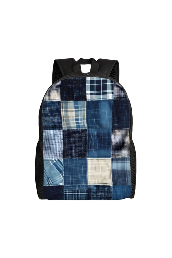 Indigo Patchwork Quilt Print School Backpack with Laptop Compartment Small Travel Laptop Backpack for Women Men Waterproof College Backpack Simple School Bag