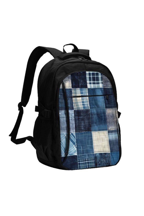 Indigo Patchwork Quilt for Travel Laptop Backpack, USB-Charging-Enabled, Spacious Business Backpack for Men and Women,College School Computer Bag