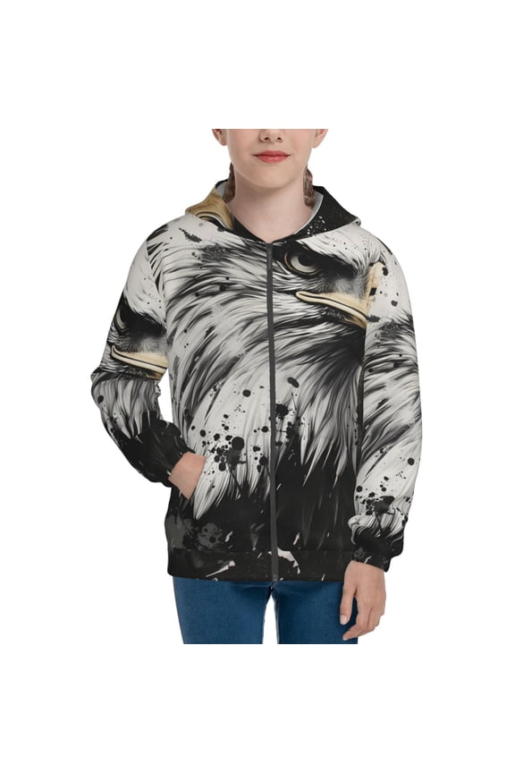 Ink Style Bald Eagle Pattern Zip Up Hoodies for Boys Girls, Sweatshirt with Pockets-Small