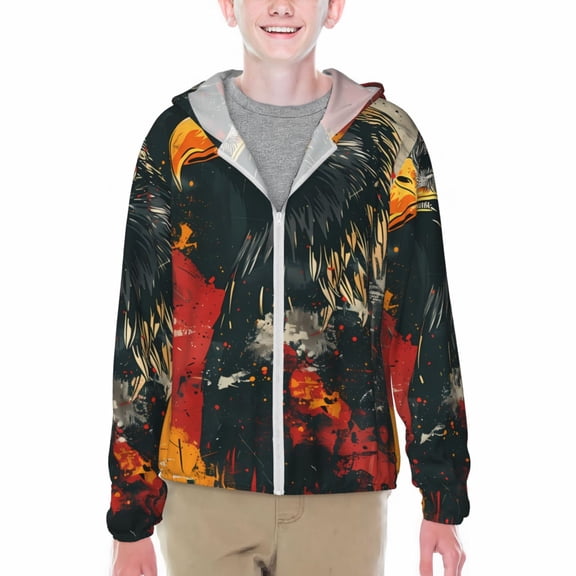 Xecao Ink Style Bald Eagle Print Fishing Shirts for teenager Long Sleeve UV Sun Protection Hoodie with Zipper Outdoor Hiking Shirts-Medium