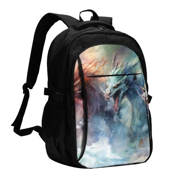 Xecao Ink Style Wave Dragon for Travel Laptop Backpack, USB-Charging-Enabled, Spacious Business Backpack for Men and Women,College School Computer Bag
